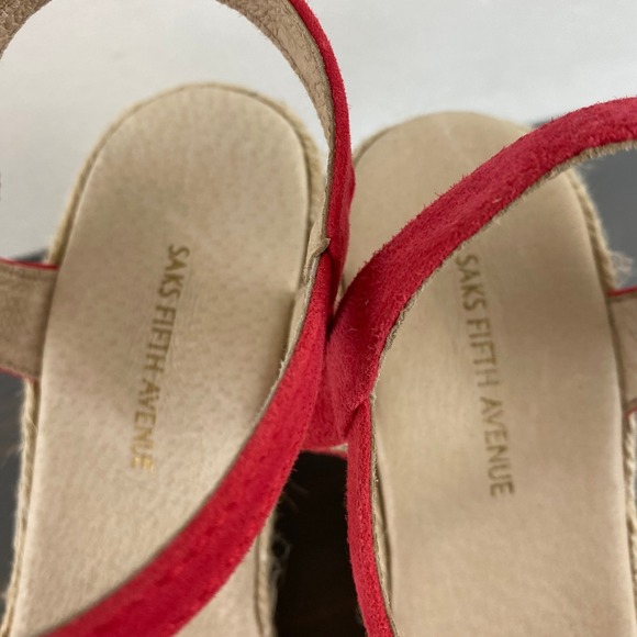 Saks Fifth Avenue Espadrille Wedge Ankle Strap Sandals 7.5 Red Pom Pom Leather - Picture 5 of 10